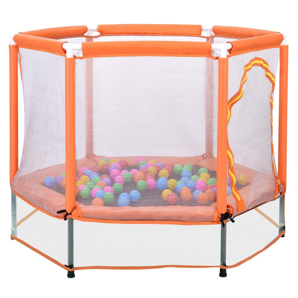 55 in. Orange Toddlers Indoor Outdoor Mini Trampoline with Safety Enclosure Net and Balls