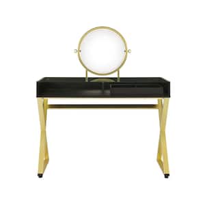 42''W x 19''D x 49''H Black Wooden Makeup Vanity with Mirror, Jewelry Trays, Tempered Glass Tabletop and Golden Frame