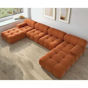 Flair A Flair 139 in. Square Arm 6-Piece Velvet U-Shaped Sectional Sofa in Orange