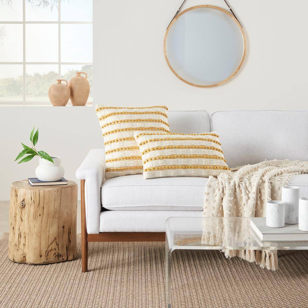 18" Yellow and Ivory Woven Cotton Square Throw Pillow