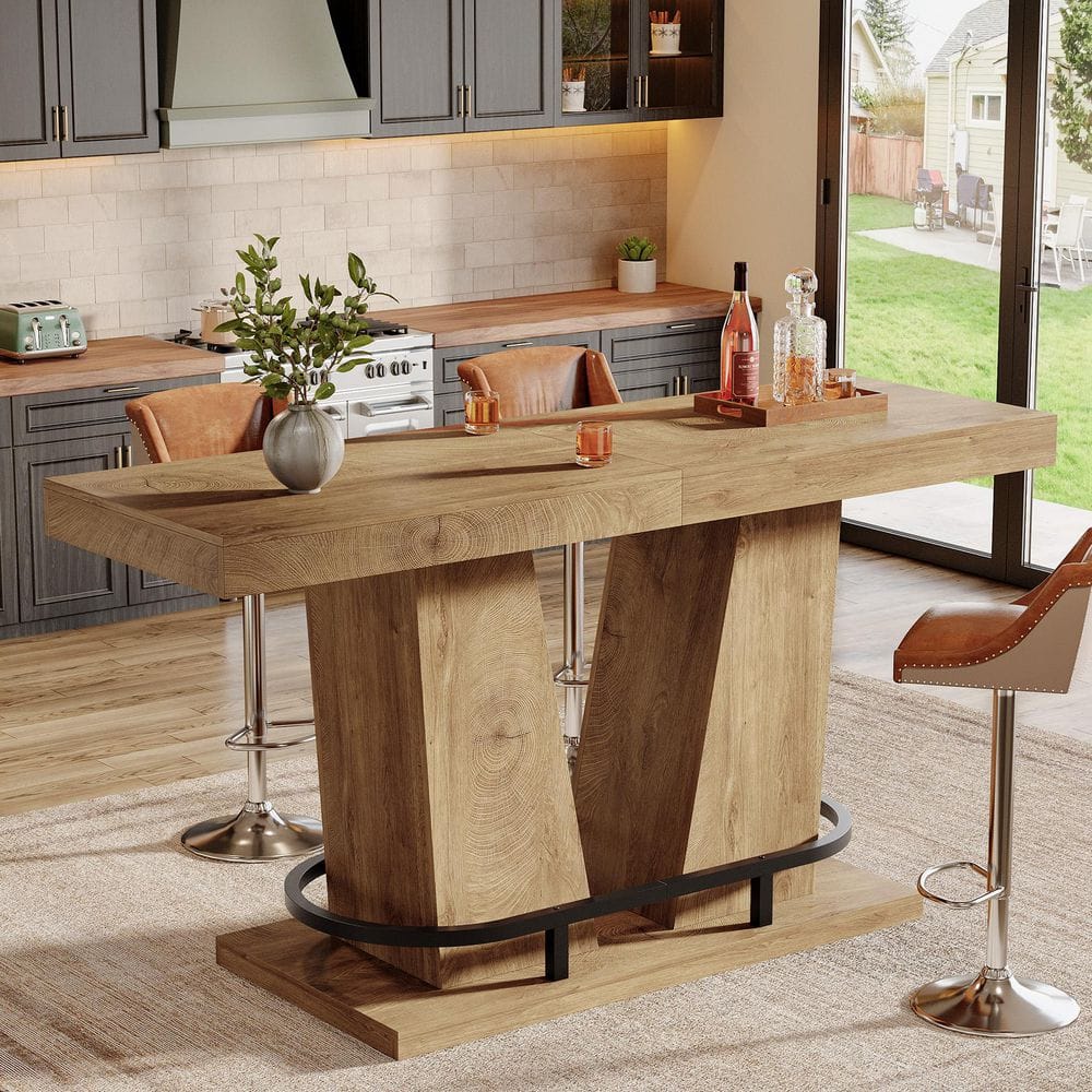 Kearsten 35.4 in. H Light Brown Rectangle Bar Table Seats 4, Counter Height Pub Table with Metal Footrest