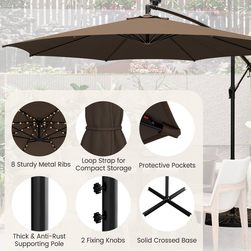 Coffee 10FT Solar-Lighted Cantilever Offset Patio Umbrella