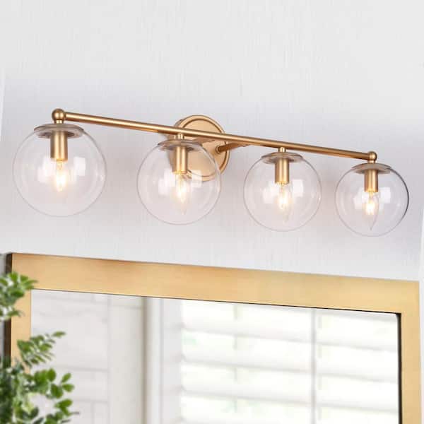 Uolfin Modern Globe Bathroom Vanity Light 4-Light Gold Round Wall Sconce Light with Clear Glass Shades