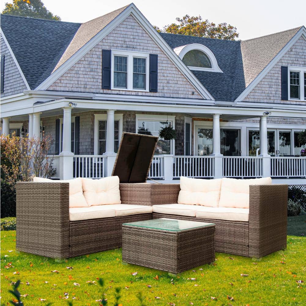 Brown 4-Piece Wicker Outdoor Sectional Set with Beige Cushions
