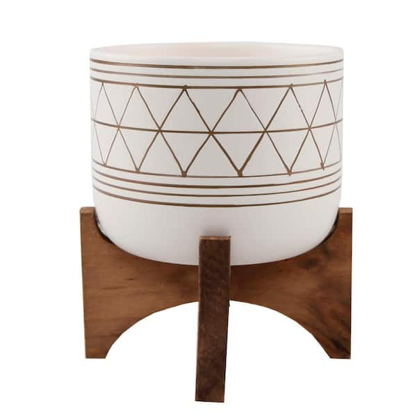 Flora Bunda 5 In. White With Gold Line Geo Ceramic Planter On Wood ...