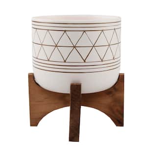 Mid-Century 5 in. White/Gold Line Ceramic Geometric Pot with Wood Stand Planter