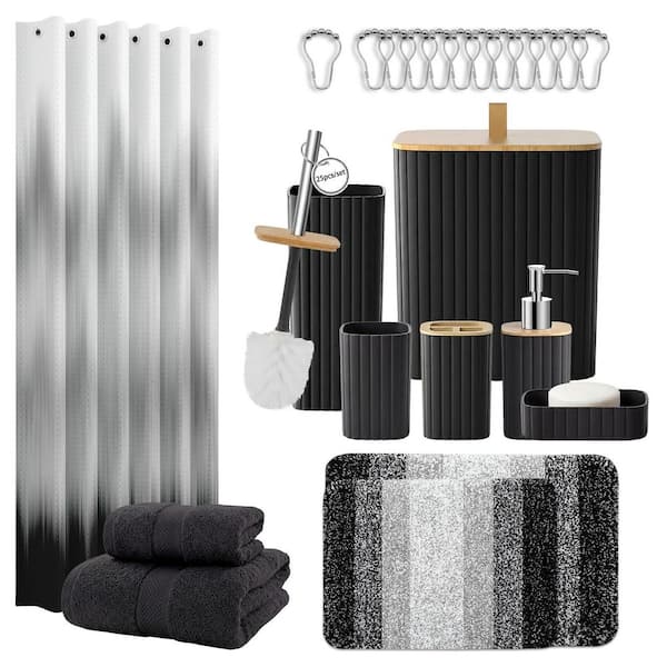 25-Piece Bathroom Accessory Set with Shower Curtain Non-Slip Rugs Trash Can Toilet Brush Holder Soap Dispenser in Black