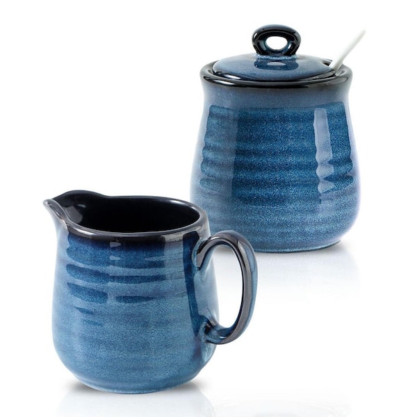 10 fl. oz. Blue Ceramic Sugar Bowl and Creamer Set with Lid and Spoon (Set of 3), Versatile and Practical