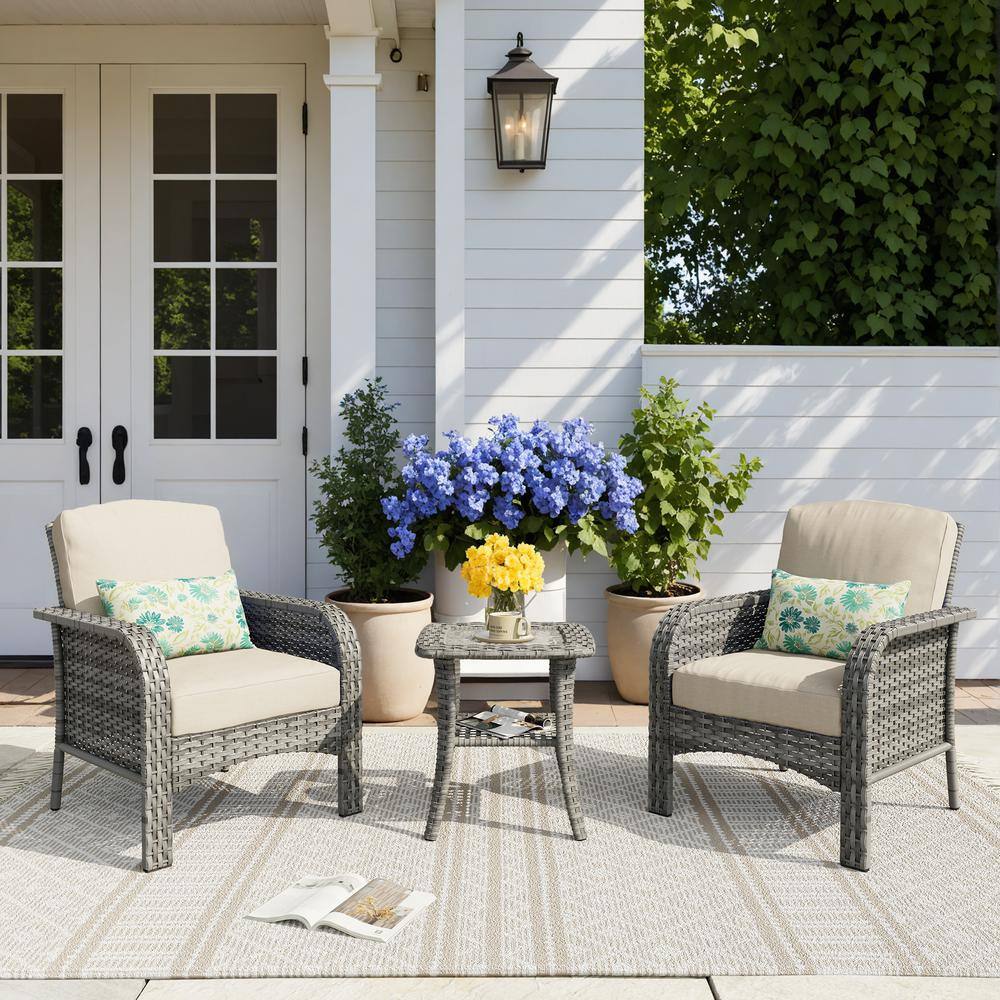 Missisi Gray 3-Piece Wicker Patio Conversation Seating Set with Beige Cushions price history on PriceWatchPro