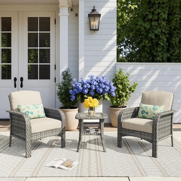 Missisi Gray 3-Piece Wicker Patio Conversation Seating Set with Beige Cushions