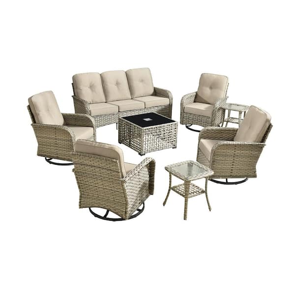 Vinceny Gray 8-Piece Wicker Patio Conversation Set with Beige Cushions and Coffee Table