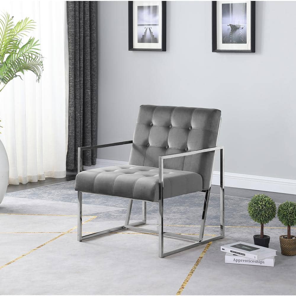 Royal Flare 31.5" Gray Velvet & Silver Stainless Steel Accent Chair