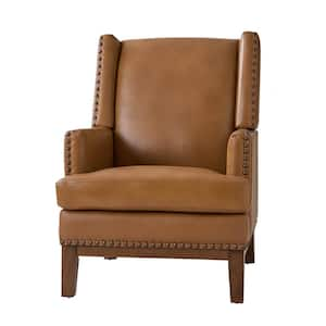 Lourdes Genuine Leather Arm Chair with Solid Wood Frame and Removable Seat Cushion-CAMEL