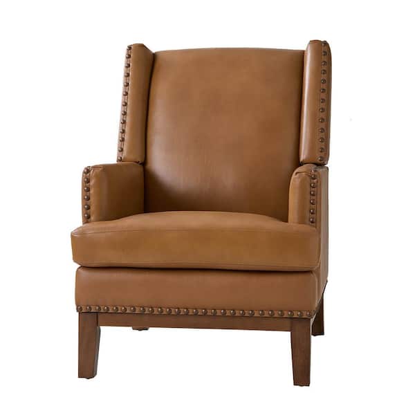 JAYDEN CREATION Lourdes Genuine Leather Arm Chair with Solid Wood Frame and Removable Seat Cushion-CAMEL