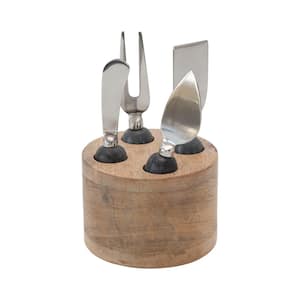5-Piece Stainless Steel Cheese Knives and Spreaders Set with Mango Wood Stand with Marble Handles