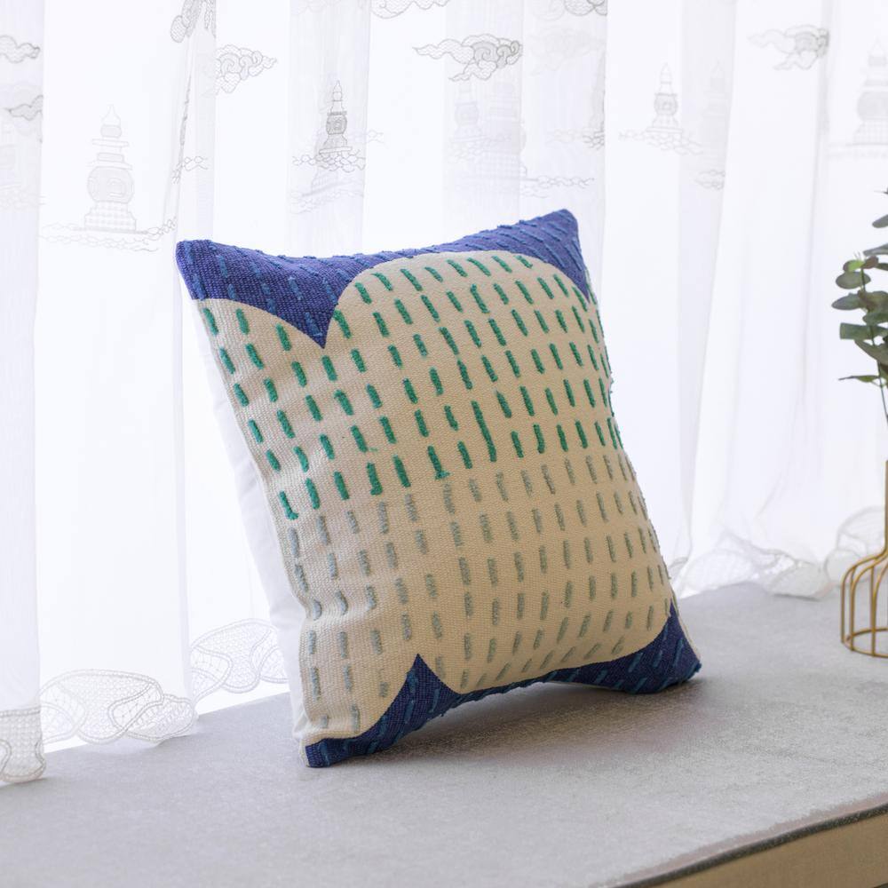 Handwoven Cotton Euro Throw Pillow Cover, Ribbed Line Dots, Blue