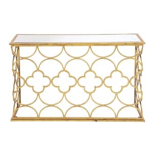 49 in. Gold Extra Large Rectangle Metal Quatrefoil Design Geometric Console Table with Mirrored Glass Top