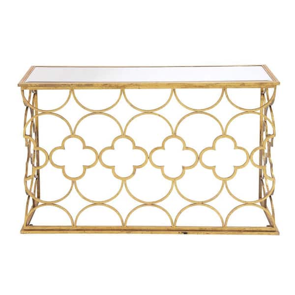 Litton Lane 49 in. Gold Extra Large Rectangle Metal Quatrefoil Design Geometric Console Table with Mirrored Glass Top