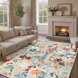 April Beige 9 ft. x 12 ft. Floral Washable Area Rug