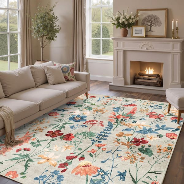 April Beige 9 ft. x 12 ft. Floral Washable Area Rug