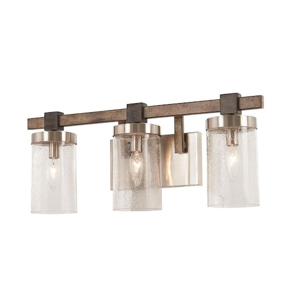 Bridlewood 3-Light Stone Grey with Brushed Nickel Bath Light with Clear Seedy Glass