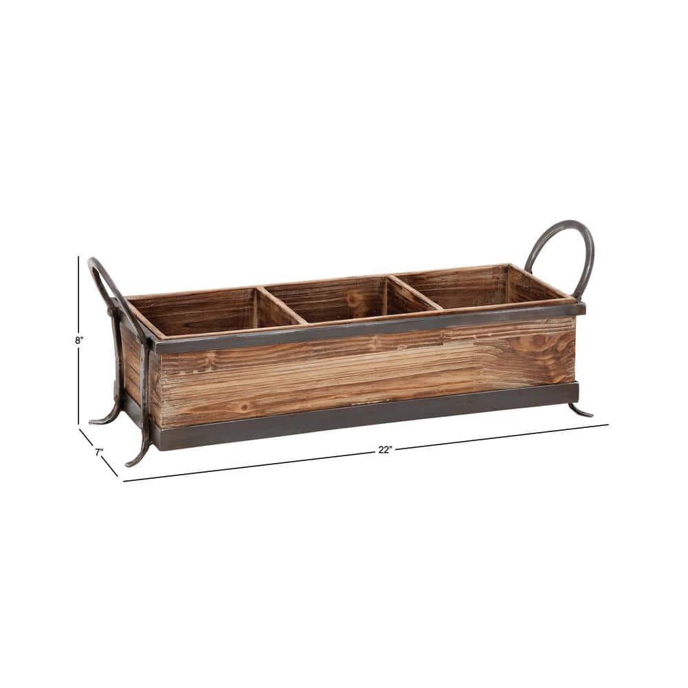 Rustic Pine-Finish Wood Tray with Iron Accents and Dividers, 24"x9"