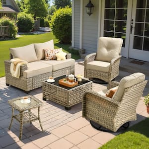 Kelleys 6-Piece Wicker Modern Outdoor Patio Conversation Seating Set with Swivel Chairs and Beige Cushions