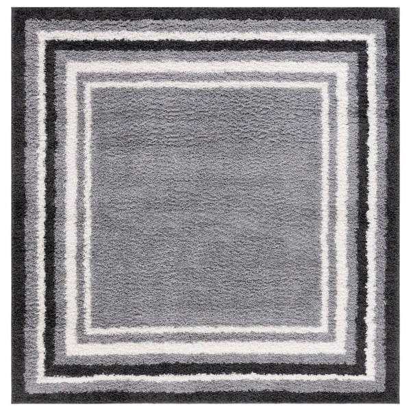 SAFAVIEH Border and Stripe Shag 7 ft. x 7 ft. Gray/Black Concentric Border square Area Rug