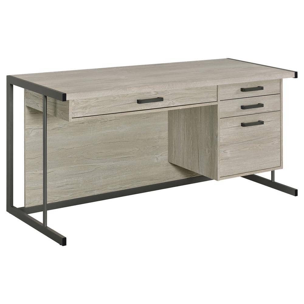 Whitewashed Gray Wood Office Desk with Filing Cabinet