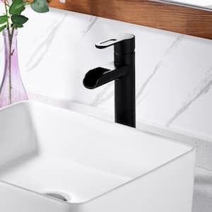 Waterfall Single Hole Single Handle Bathroom Vessel Sink Faucet with Drain in Matte Black