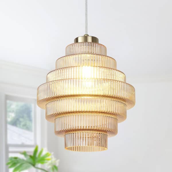 HLJYNJM 1-Light Brass and Amber Vintage Pendant Light Ceiling Hanging Lighting for Kitchen Island with Glass Gyro Shade