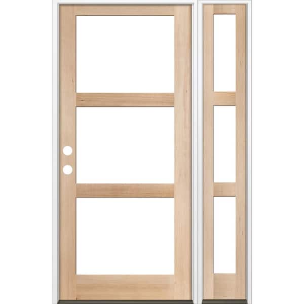 56 in. x 96 in. Modern Hemlock Right-Hand/Inswing 3-Lite Clear Glass Unfinished Wood Prehung Front Door w/Right Sidelite