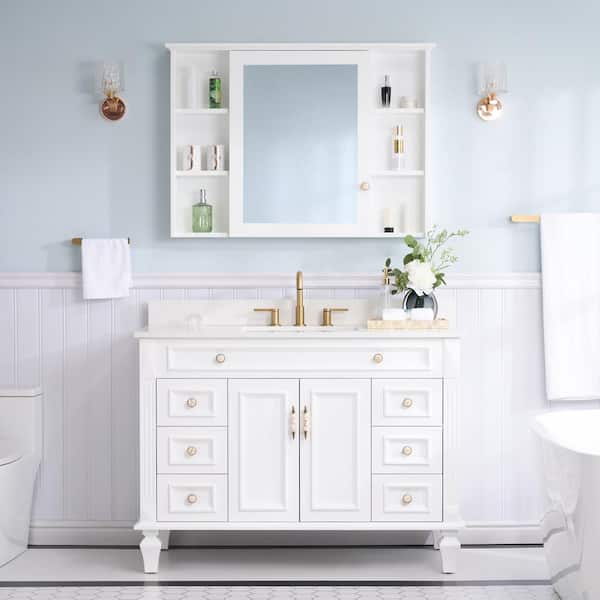 ANGELES HOME 48 in. W Solid Wood Bath Vanity in White with Carrara White Stain-Resistant Quartz Top, 42 in. W Wood Medicine Cabinet