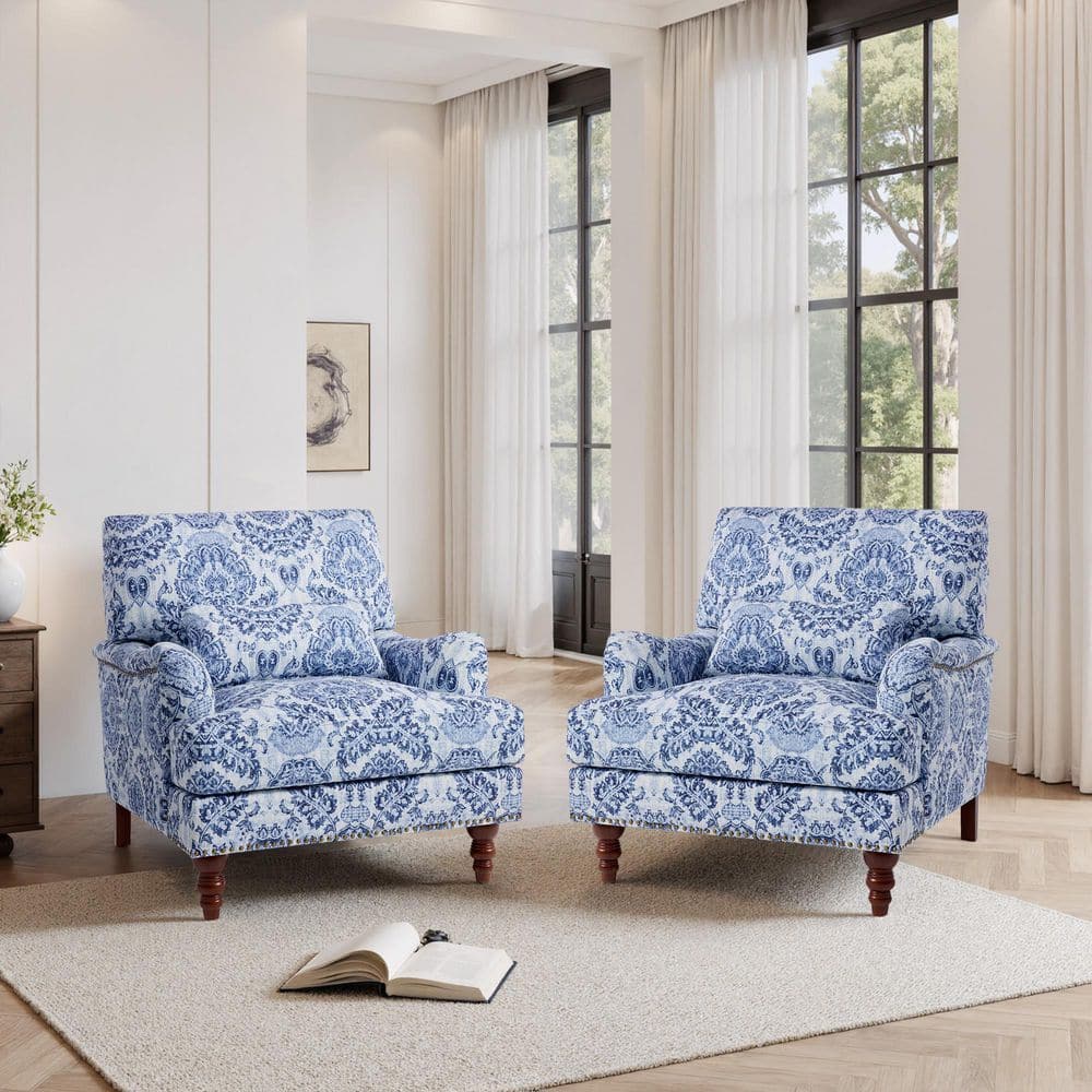 Uixe Navy Flared Arm Linen Arm Chair with Wood Legs (Set of 2) FOP