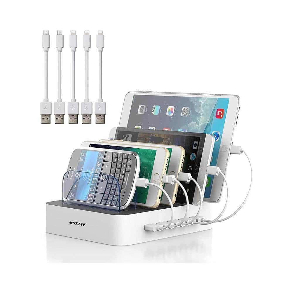 5 USB Ports Fast Charging Docking Station Organizer in White with Power Switch for Cellphone, Smart Watch and Tablet