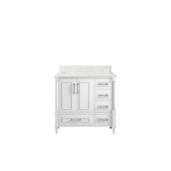 Willow Collections Hudson 36 in. W x 22 in. D x 36 in. H Left Offset Sink Bath Vanity in White with Cove Edge Calacatta Quartz Top