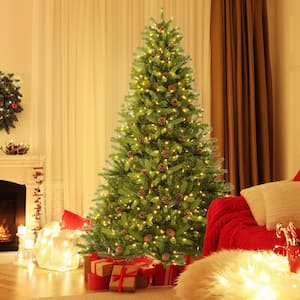 7 ft. Green Pre-Lit Artificial Christmas Tree with Pine Cones and Adjustable Brightness