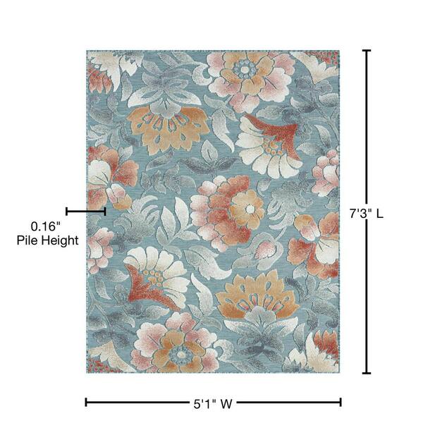 Tayse Rugs Tropic Floral Aqua 2 ft. x 3 ft. Indoor/Outdoor Area Rug, Blue