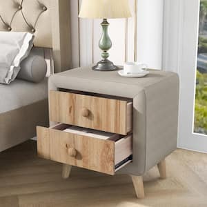 2-Drawer Beige Wooden Upholstered Nightstand with Rubber Wood Legs(22.2 in. H X 20.5 in. W X 16.1 in. D)