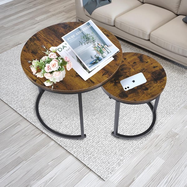 Wateday 26.62 in. Brown Small Round Wood Nest Coffee Table with 2 Pieces