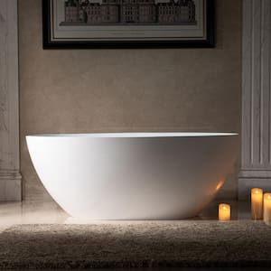 Cenere 59 in. Solid Surface Stone Resin Flatbottom Freestanding Bathtub in Matte White with 2-Drain Covers