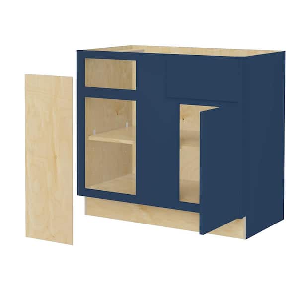 Home Decorators Collection Hargrove 36 in. W x 24 in. D x 34.5 in. H Assembled Plywood Base Blind Corner Kitchen Cabinet in Vessel Blue Soft Close