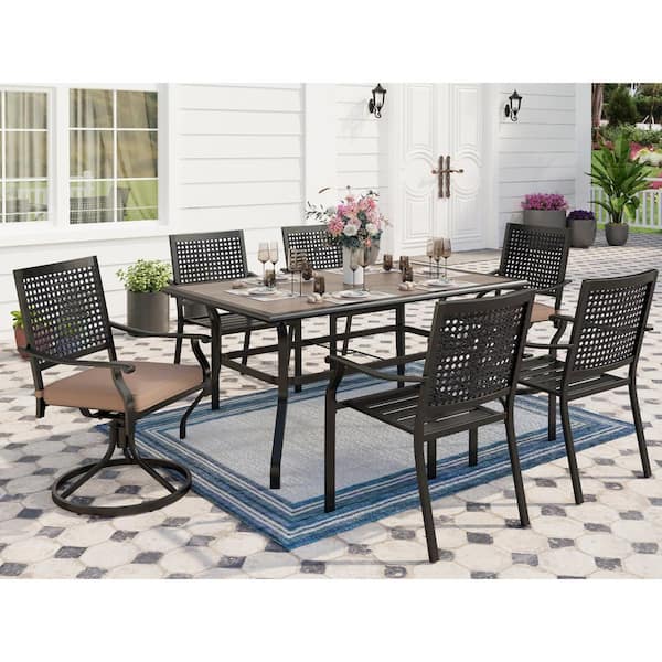 PHI VILLA Black 7-Piece Metal Patio Outdoor Dining Set with Rectangle Table Bull's Eye Pattern Swivel Chairs with Beige Cushions