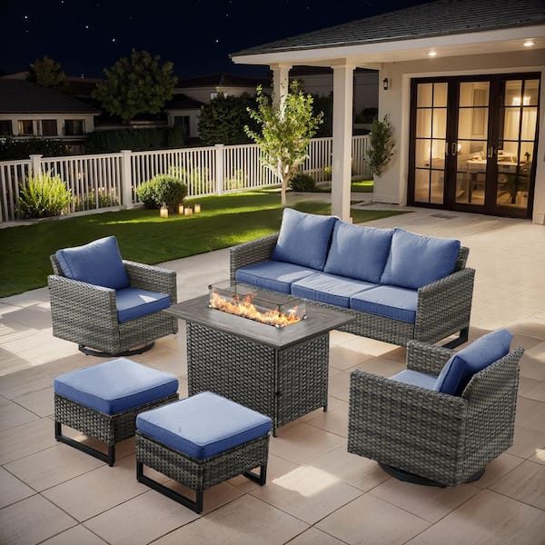 moosprr U-Frame 6-Piece Gray Wicker Fire Pit Conversation Set with Olefin Blue Cushions and Swivel Glider Chairs/Couch