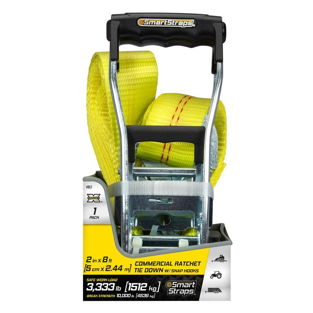 SmartStraps Heavy-Duty 8ft Yellow Ratchet Tie-Down Strap with Snap Hook