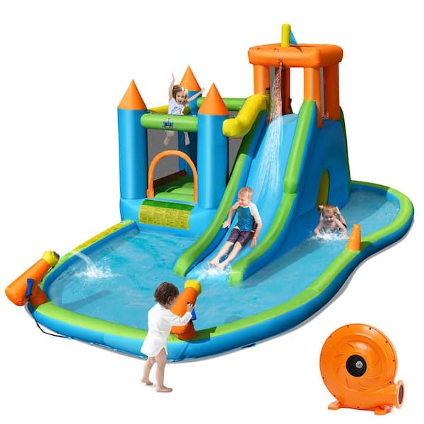 Costway Fabric Inflatable Water Slide Kids Bounce House Splash Water Pool with Blower