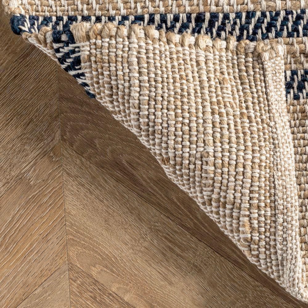 Natural Jute Flatwoven Runner Rug with Blue Stripes, 2' x 8'