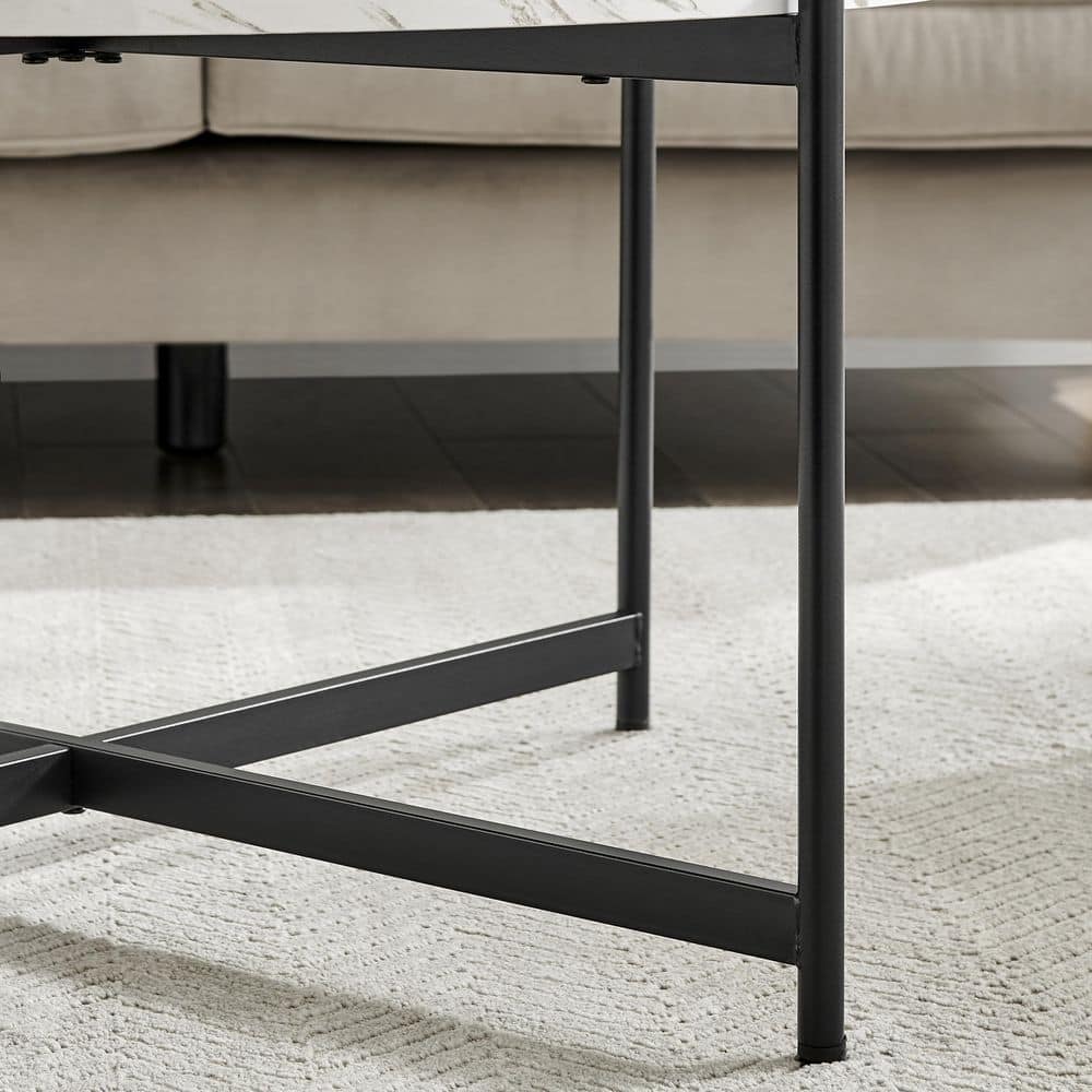 35" Round White Marble Finish Coffee Table with Black Metal Frame