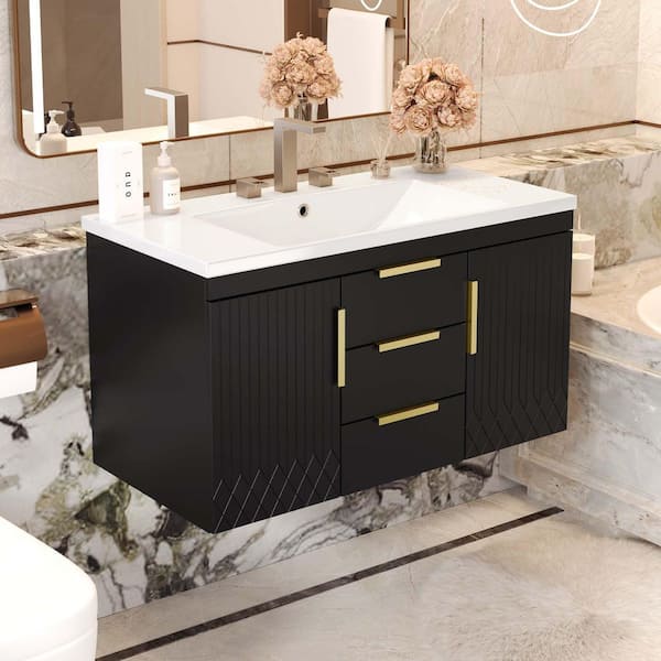 36 in. Wall Mounted Single Sink Black Bath Vanity with White Resin Top Requires Assembly