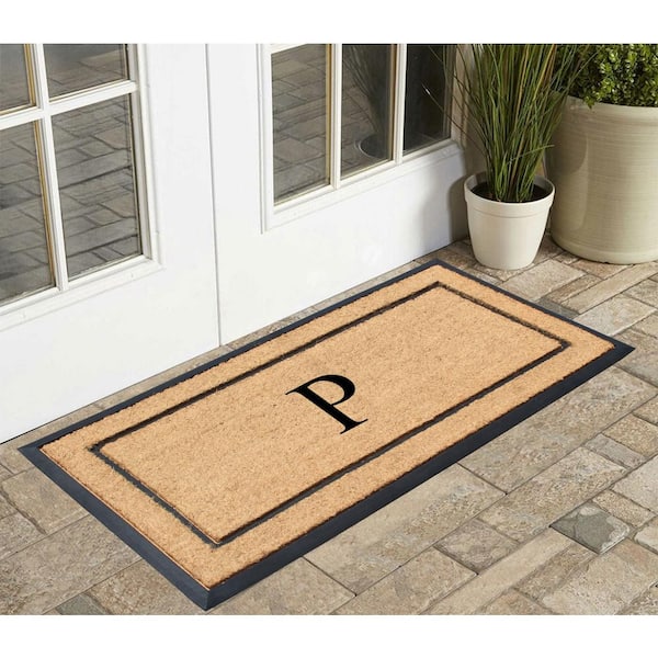 A1HC Heavy Duty Frame Molded Double Door Mat Black/Beige 24 in. x 48 in. Rubber and Coir Monogrammed P Door Mat